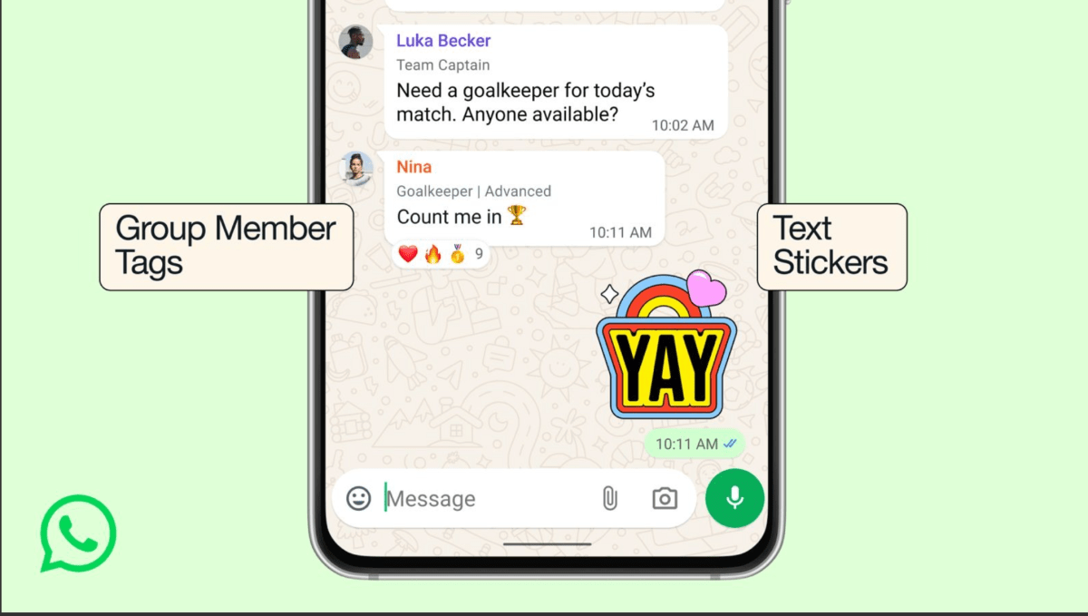WhatsApp Revolutionizes Group Chats with Member Tags, Text Stickers & Event Reminders 3 A smartphone screen displaying a WhatsApp group chat interface with new features like member tags and text stickers highlighted.