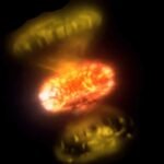 Images showing the non-spherical ejecta flows from the nova V1674 Herculis, with two distinct flows indicated by arrows, alongside an illustrative diagram of the explosion.