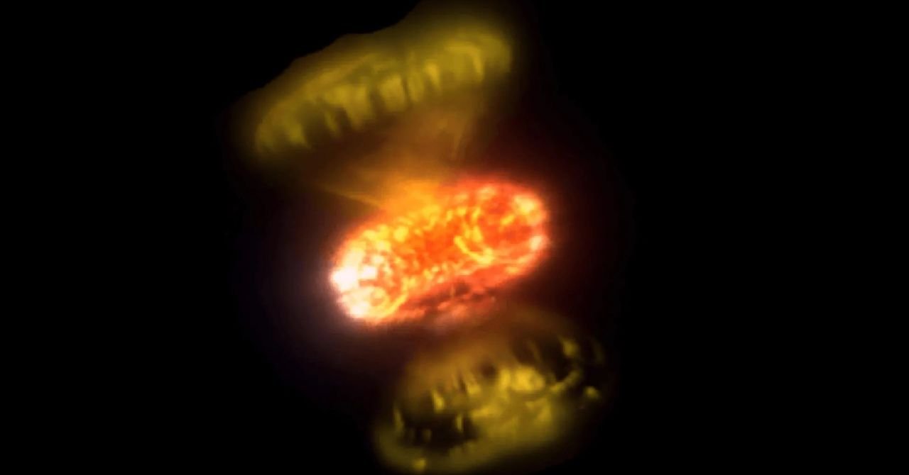 Cosmic Fireworks: Unprecedented Glimpses into Exploding White Dwarfs 3 Images showing the non-spherical ejecta flows from the nova V1674 Herculis, with two distinct flows indicated by arrows, alongside an illustrative diagram of the explosion.