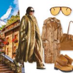 Une silhouette élégante en tenue de créateur déambulant sur la Bahnhofstrasse de Zermatt, incarnant le style alpin glamour.