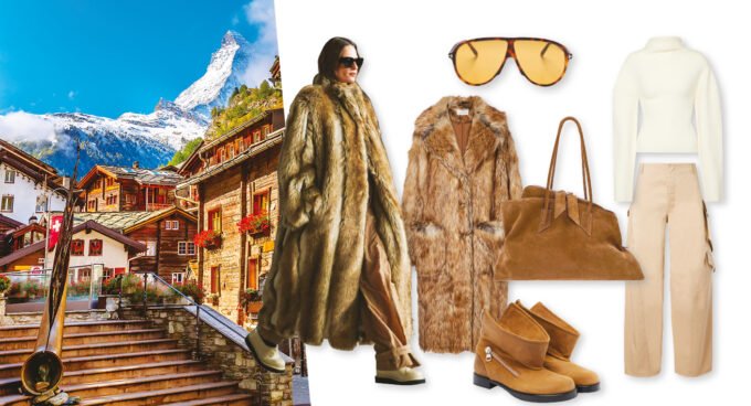 Une silhouette élégante en tenue de créateur déambulant sur la Bahnhofstrasse de Zermatt, incarnant le style alpin glamour.