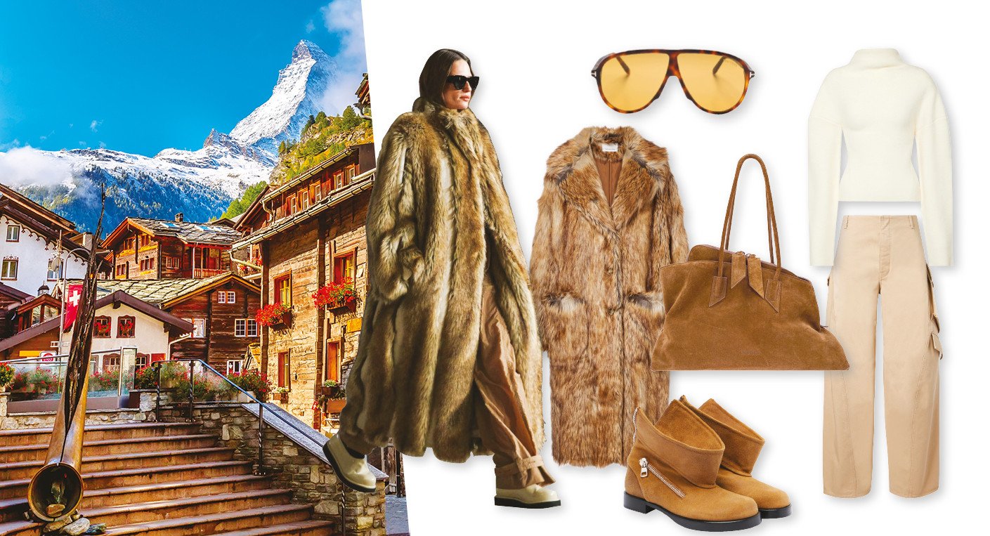 Une silhouette élégante en tenue de créateur déambulant sur la Bahnhofstrasse de Zermatt, incarnant le style alpin glamour.