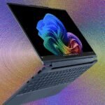 A sleek 2-in-1 laptop in both its traditional laptop configuration and folded into a tablet mode, showcasing its versatility.