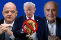 Sepp Blatter, former FIFA president, speaking at a press conference, with a backdrop related to the 2026 World Cup boycott debate.