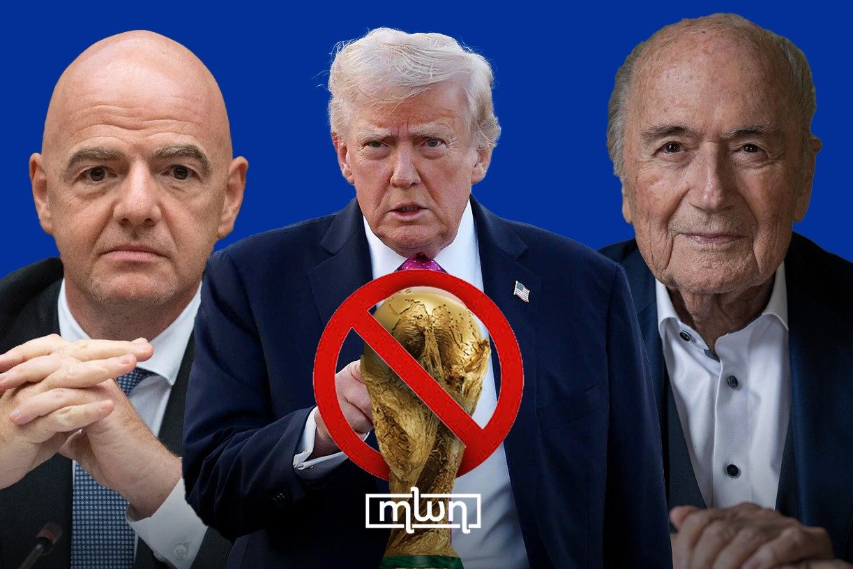 Sepp Blatter, former FIFA president, speaking at a press conference, with a backdrop related to the 2026 World Cup boycott debate.