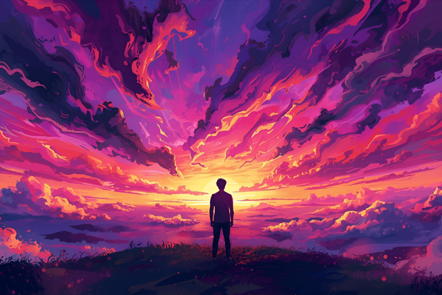 A person reflecting on loss, perhaps a silhouette against a somber sky, symbolizing grief and remembrance.