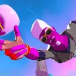 Screenshot from Aerial_Knight's DropShot showing a character falling through the sky, aiming finger guns at enemies amidst a vibrant, stylized environment.