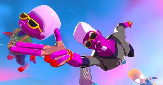 DropShot: Skydiving Meets Bullet Ballet in Aerial_Knight's Stylish Indie Gem 9 Screenshot from Aerial_Knight's DropShot showing a character falling through the sky, aiming finger guns at enemies amidst a vibrant, stylized environment.