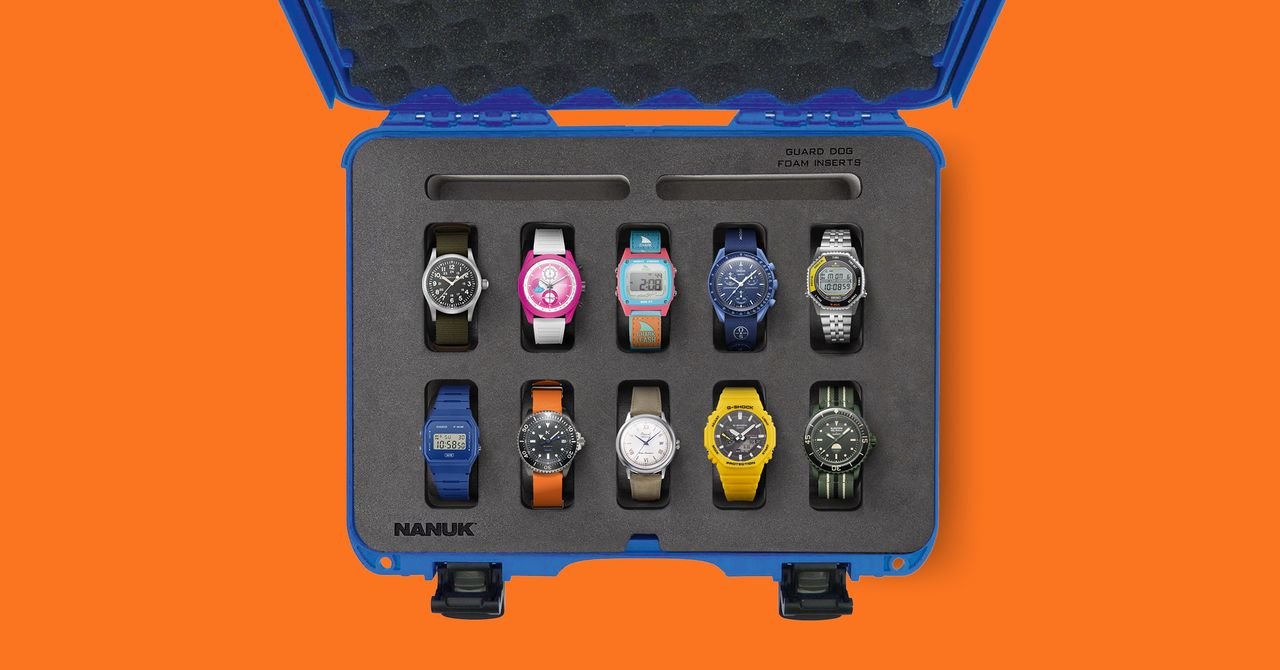 A diverse collection of affordable watches displayed in a protective case, showcasing various styles and brands.