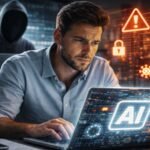 Digital illustration of AI agents interacting with various data sources and tools, with security warnings and a shield icon.