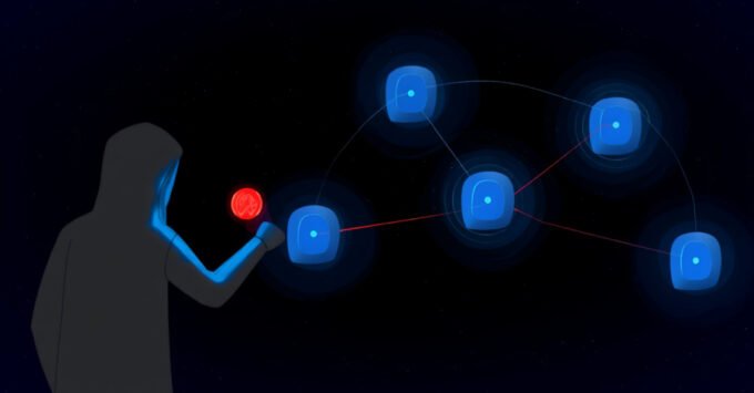 An abstract illustration of a scanner analyzing a large language model's code for hidden malicious backdoors, with glowing security indicators.