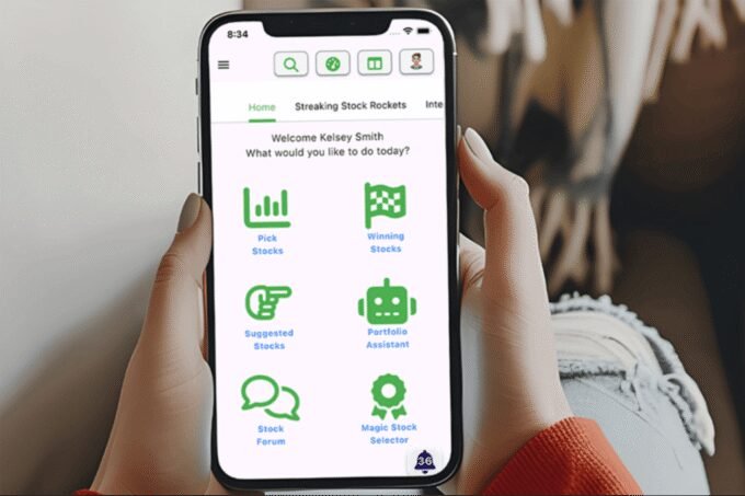 A digital interface displaying stock charts and investment data, with an AI robot icon symbolizing smart investing.