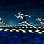 A leader guiding a team through a complex digital interface, symbolizing human leadership amidst AI-driven processes.