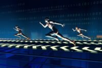 A leader guiding a team through a complex digital interface, symbolizing human leadership amidst AI-driven processes.