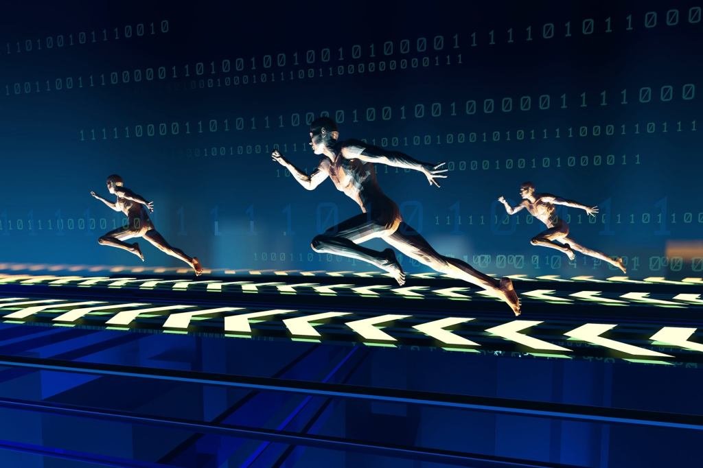 A leader guiding a team through a complex digital interface, symbolizing human leadership amidst AI-driven processes.