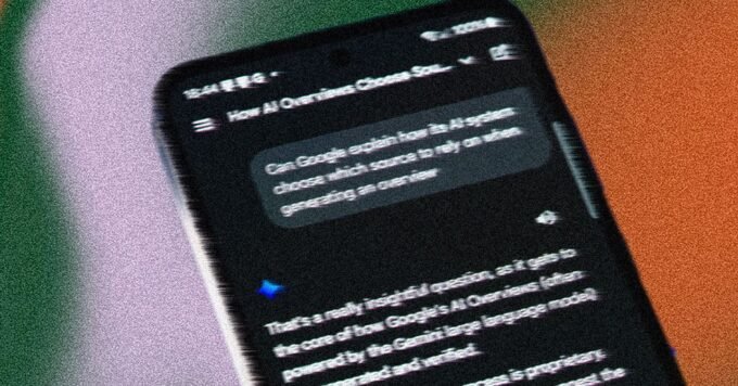 Illustration of a person interacting with a search engine, with AI elements and a warning sign, symbolizing caution against online scams and digital fraud.