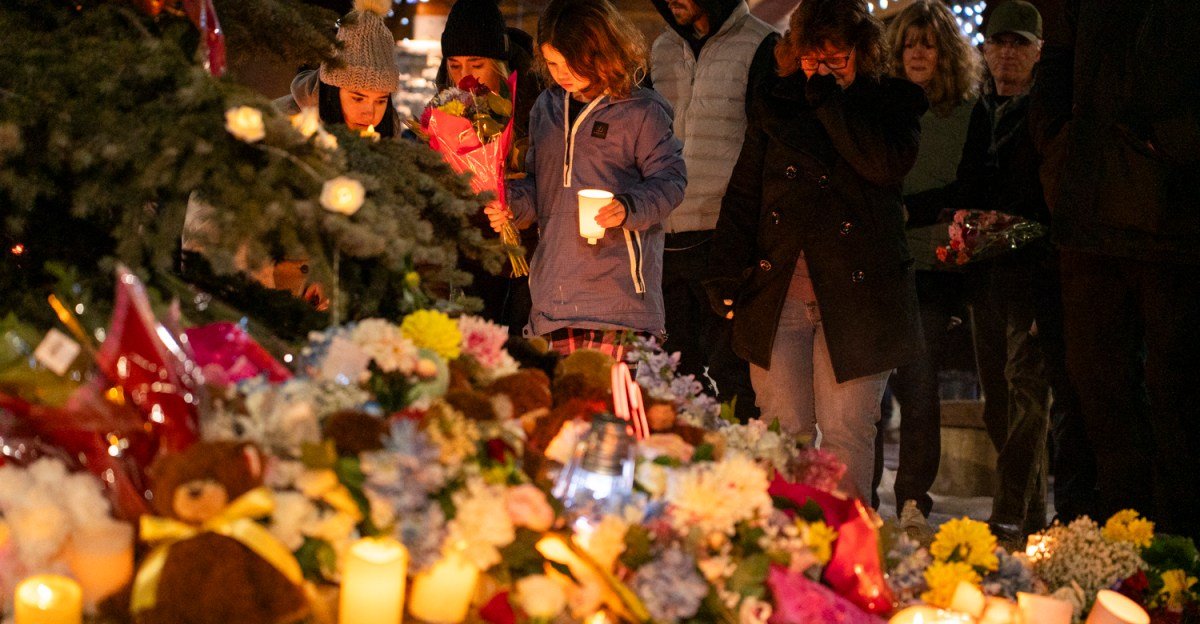 Conceptual image depicting AI interface with a school in the background, illustrating the unheeded warnings before the Tumbler Ridge tragedy.