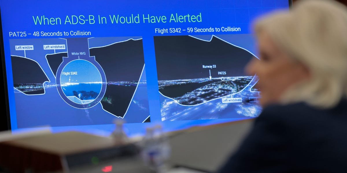 An airplane with a collision warning system radar overlay, symbolizing air safety technology and legislative debate.