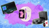A collage of discounted tech products including Apple Watch, Amazon Echo Show, Lego, and a robot vacuum, symbolizing Amazon's Presidents' Day sale.