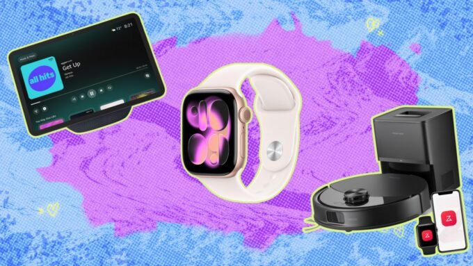 A collage of discounted tech products including Apple Watch, Amazon Echo Show, Lego, and a robot vacuum, symbolizing Amazon's Presidents' Day sale.