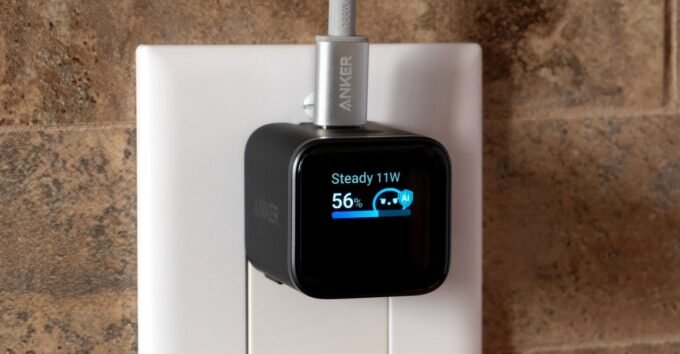 Anker 45W Nano charger with a display screen showing charging information and animated character