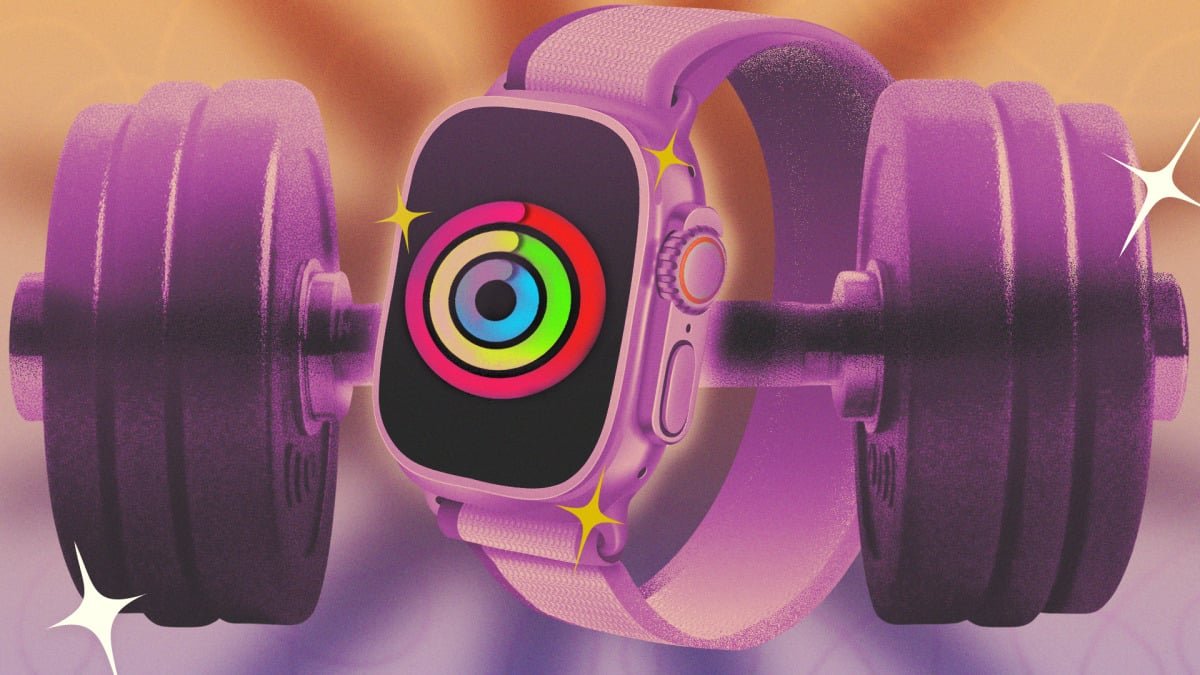 An Apple Watch displaying activity rings and workout data, with a person exercising in the background.