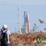 NASA's Space Launch System (SLS) rocket with the Orion capsule, awaiting the Artemis II lunar mission launch.