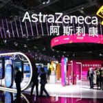 AstraZeneca CEO Pascal Soriot discussing global strategy, with a backdrop representing both the New York Stock Exchange and Chinese innovation hubs.