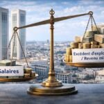 Une image générée par IA illustrant la richesse et la disparité économique au Maroc, avec des symboles de croissance et des silhouettes de personnes, reflétant le thème de la répartition inégale des revenus.