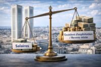 Une image générée par IA illustrant la richesse et la disparité économique au Maroc, avec des symboles de croissance et des silhouettes de personnes, reflétant le thème de la répartition inégale des revenus.