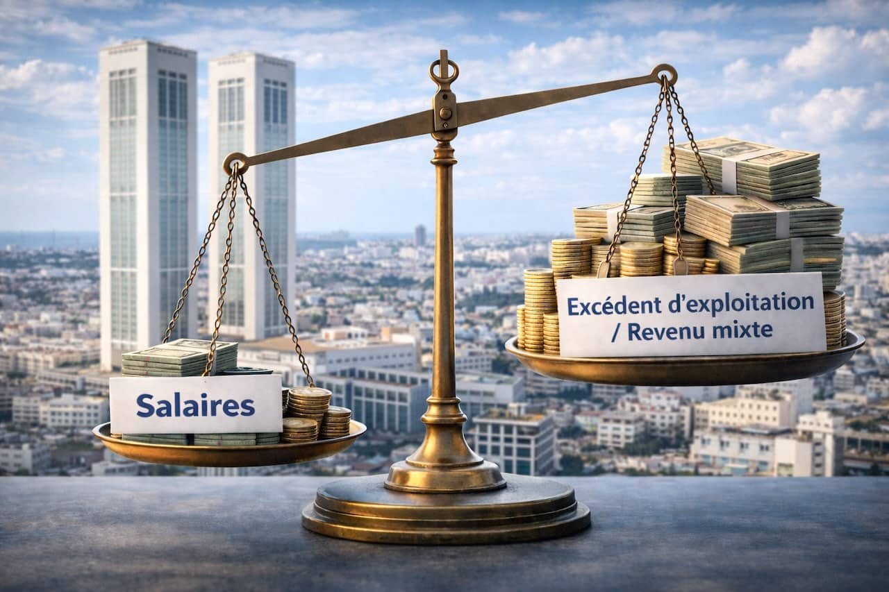 Une image générée par IA illustrant la richesse et la disparité économique au Maroc, avec des symboles de croissance et des silhouettes de personnes, reflétant le thème de la répartition inégale des revenus.