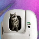 A modern automatic litter box with a cat nearby, symbolizing advanced pet care technology.