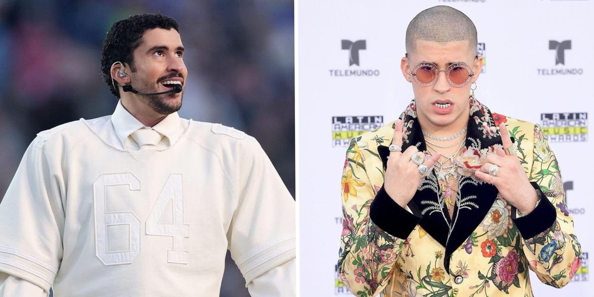 Bad Bunny showcasing his unique style evolution on stage, from early career to Super Bowl performance.