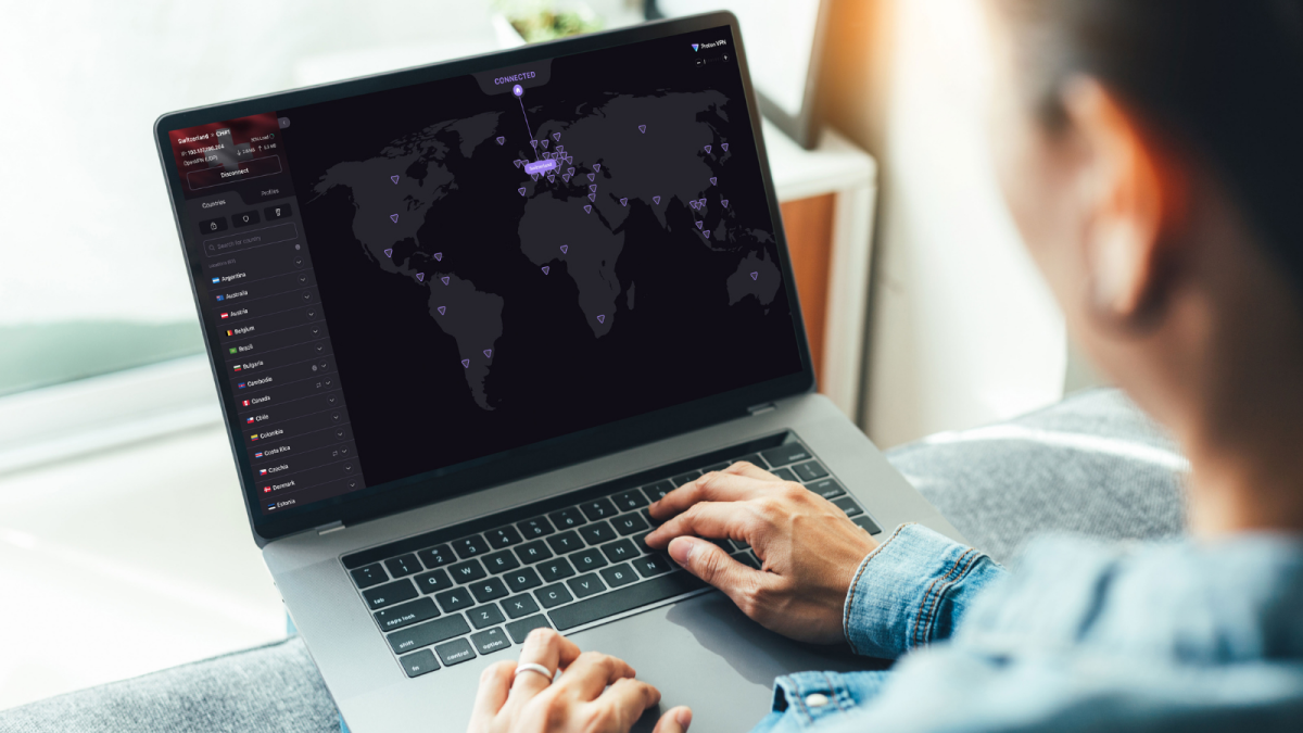 A secure internet connection represented by a shield icon over a globe, with a VPN server protecting user data.