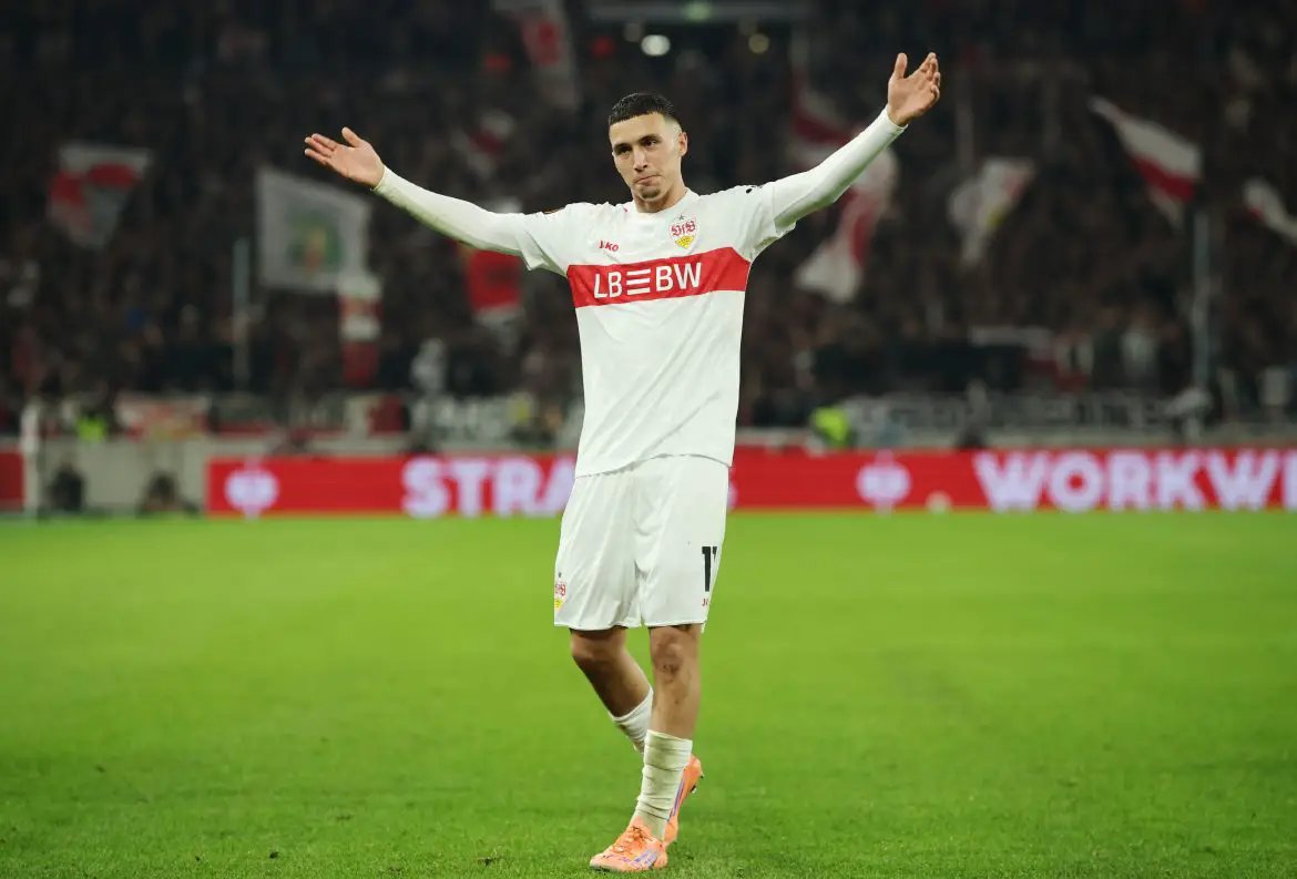 Bilal El Khannouss celebrates a goal in his VfB Stuttgart jersey during a Europa League match against Celtic.