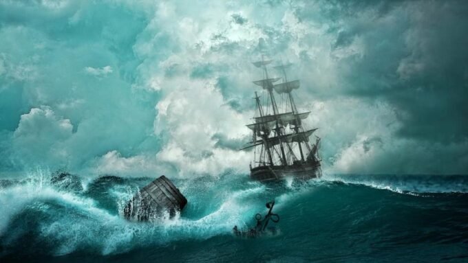 A ship navigating turbulent waters, symbolizing market volatility and uncertainty in the cryptocurrency sector.
