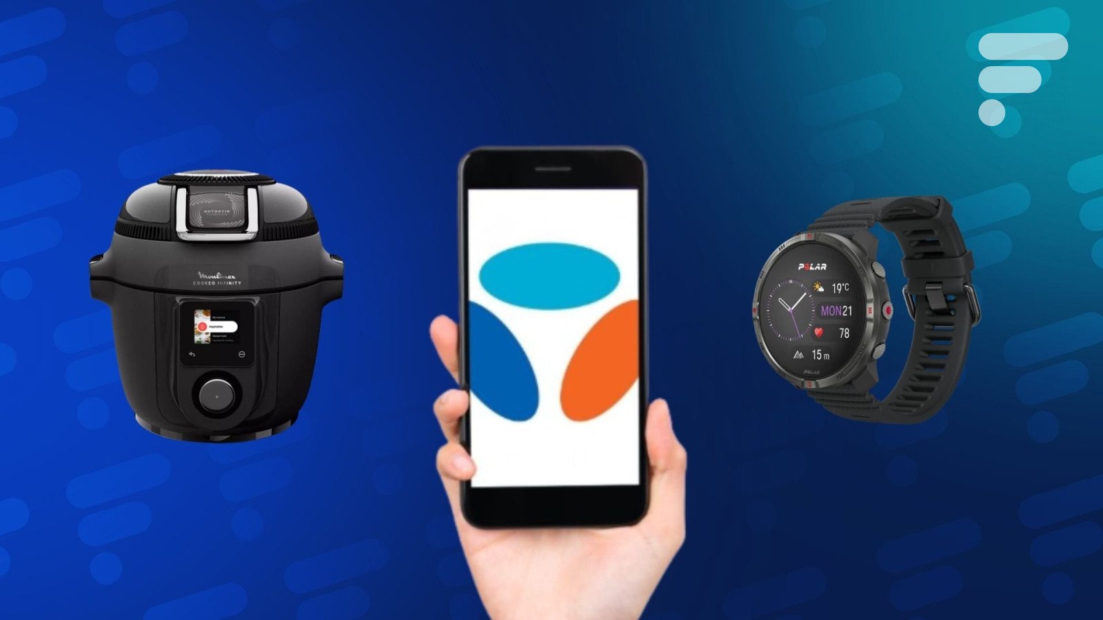 Le Moulinex Cookeo Infinity, la montre connectée Polar Grit X2 et un smartphone affichant un forfait 5G, symbolisant les bonnes affaires du jour.