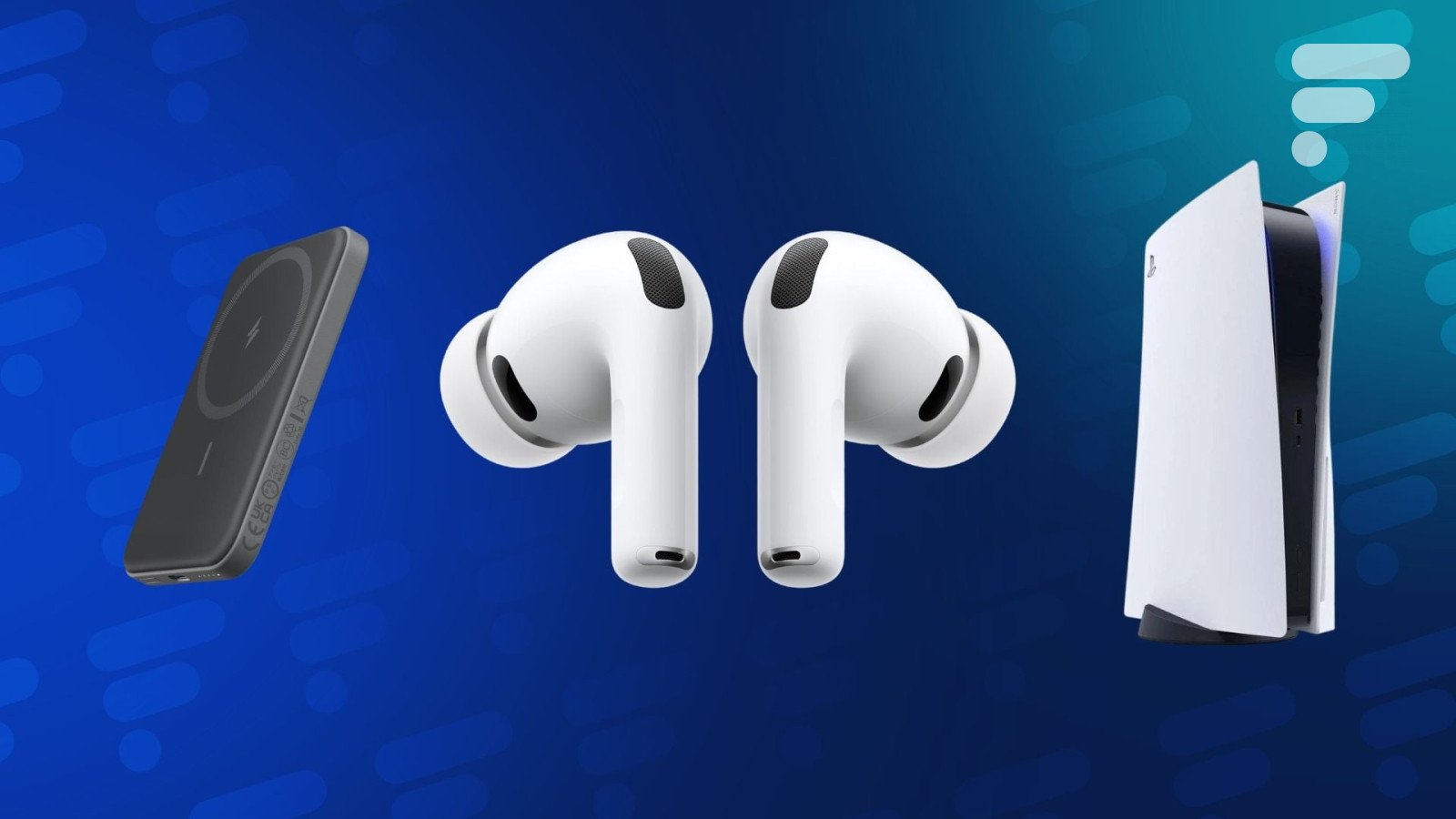 Image principale illustrant les AirPods Pro 3, la batterie MagSafe Anker 621 et un smartphone affichant le forfait Coriolis 5G, symbolisant les bons plans tech du jour.