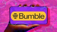 Bumble dating app logo with a smartphone interface showing a match, symbolizing online dating and connection.