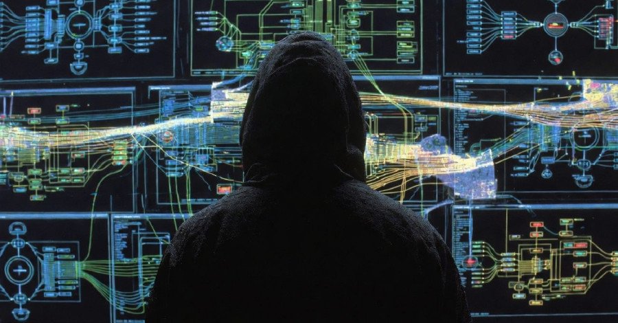 Illustration of cyber warfare, showing digital threats targeting a map of Ukraine, with malware code and a shield icon.