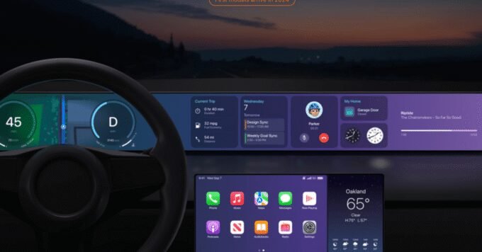 Apple CarPlay interface displaying a voice assistant icon, symbolizing AI integration