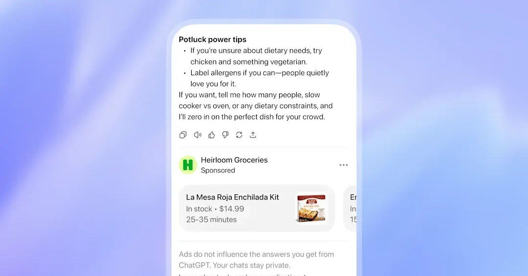 Screenshot showing 'sponsored' links at the bottom of a ChatGPT answer, with 'Image: OpenAI' attribution.