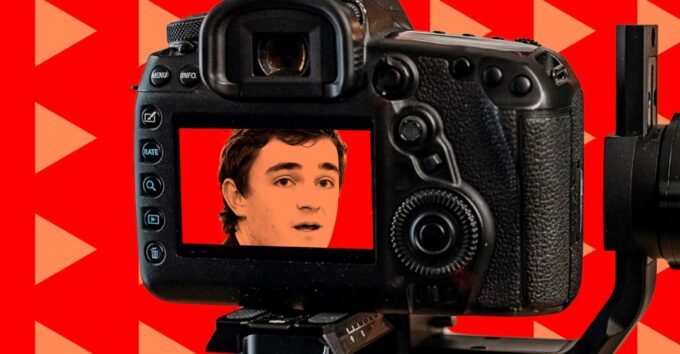 Image depicting a right-wing provocateur, Nick Shirley, with a tripod-mounted phone, outside a childcare facility, symbolizing his controversial investigations.