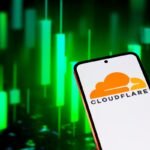 Cloudflare stock chart showing a significant rally, with AI-related graphics in the background, symbolizing its role in the AI-powered internet.