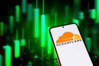Cloudflare stock chart showing a significant rally, with AI-related graphics in the background, symbolizing its role in the AI-powered internet.