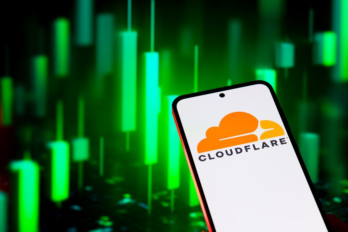 Cloudflare stock chart showing a significant rally, with AI-related graphics in the background, symbolizing its role in the AI-powered internet.