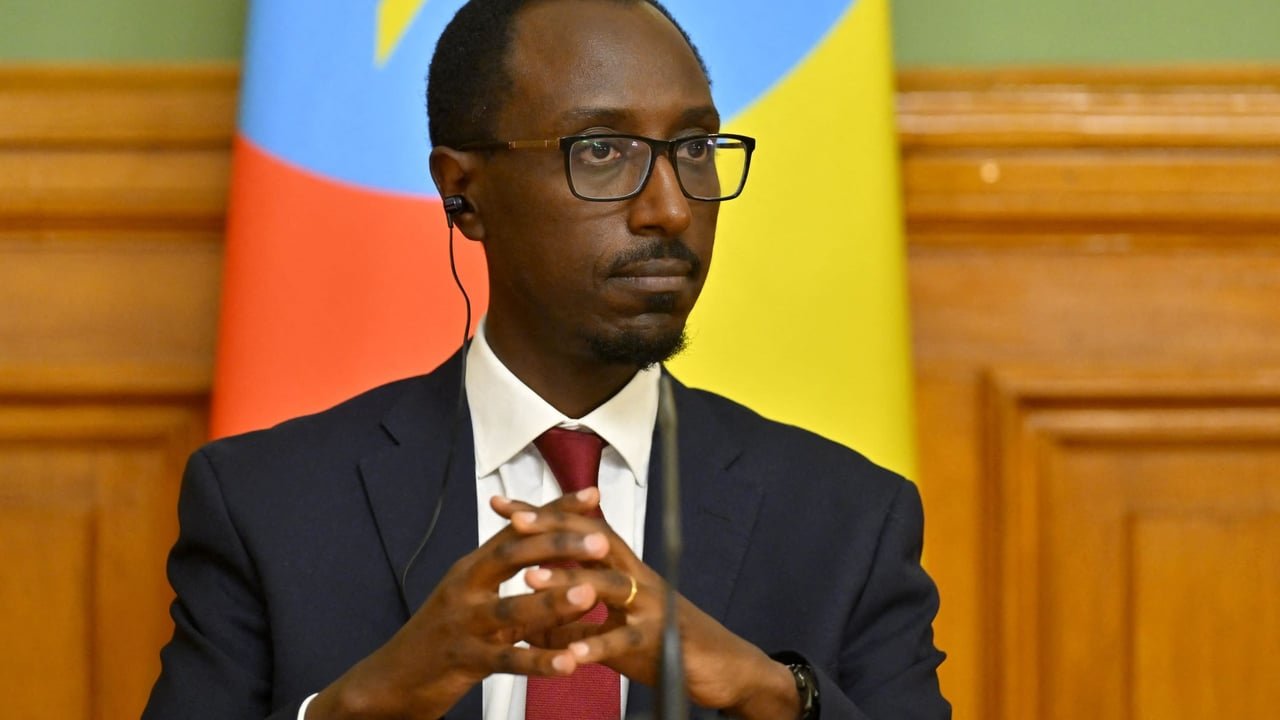 Le ministre éthiopien des Affaires étrangères, Gedion Timotheos, s'exprimant lors d'une conférence de presse.