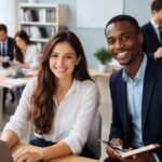 A diverse group of professionals in a modern office setting, symbolizing a successful transition into the corporate world.
