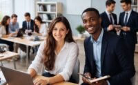 A diverse group of professionals in a modern office setting, symbolizing a successful transition into the corporate world.