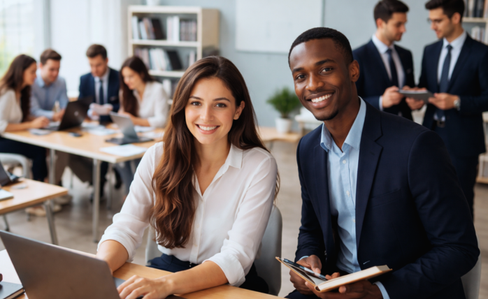A diverse group of professionals in a modern office setting, symbolizing a successful transition into the corporate world.